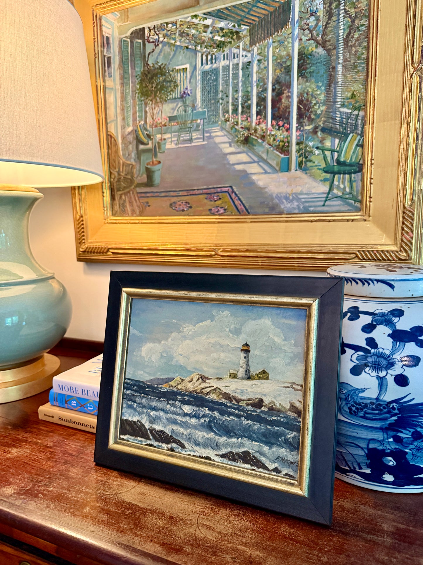 Vintage Rocky New England Coastal Lighthouse Landscape Oil Painting in Black and Gold Frame