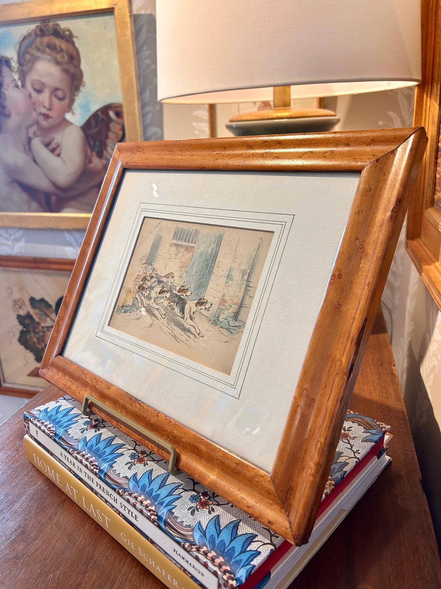 Early 20th Century Morning with the Hounds Hunting Dogs Graphite Drawing in Birdseye Maple Frame