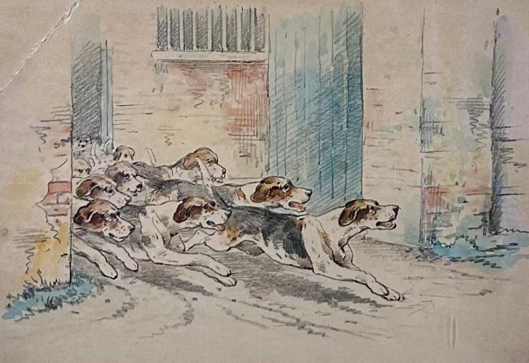 Early 20th Century Morning with the Hounds Hunting Dogs Graphite Drawing in Birdseye Maple Frame