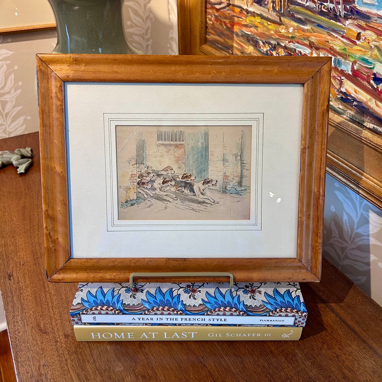 Early 20th Century Morning with the Hounds Hunting Dogs Graphite Drawing in Birdseye Maple Frame