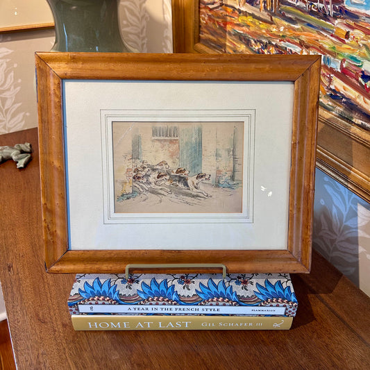 Early 20th Century Morning with the Hounds Hunting Dogs Graphite Drawing in Birdseye Maple Frame