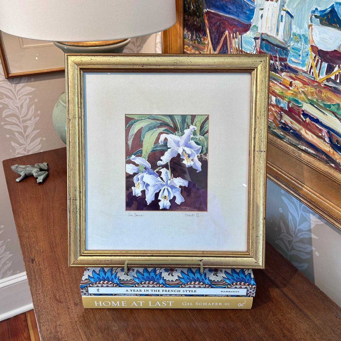 Susan Bourne Botanical Orchids II Watercolor Painting In Gold Frame