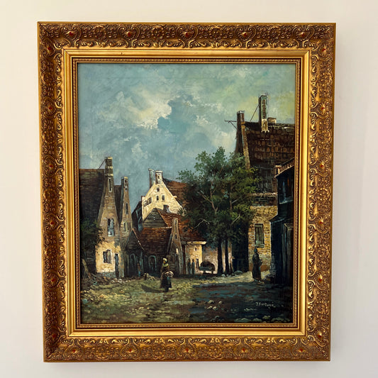 Antique European Town Cityscape Oil Painting