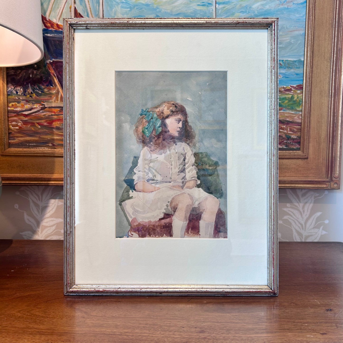 Thomas Simpson Early 20th Century Portrait of A Young Redhead Girl Watercolor Painting in Silver Frame