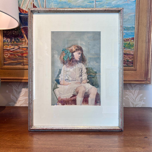 Thomas Simpson Early 20th Century Portrait of A Young Redhead Girl Watercolor Painting in Silver Frame