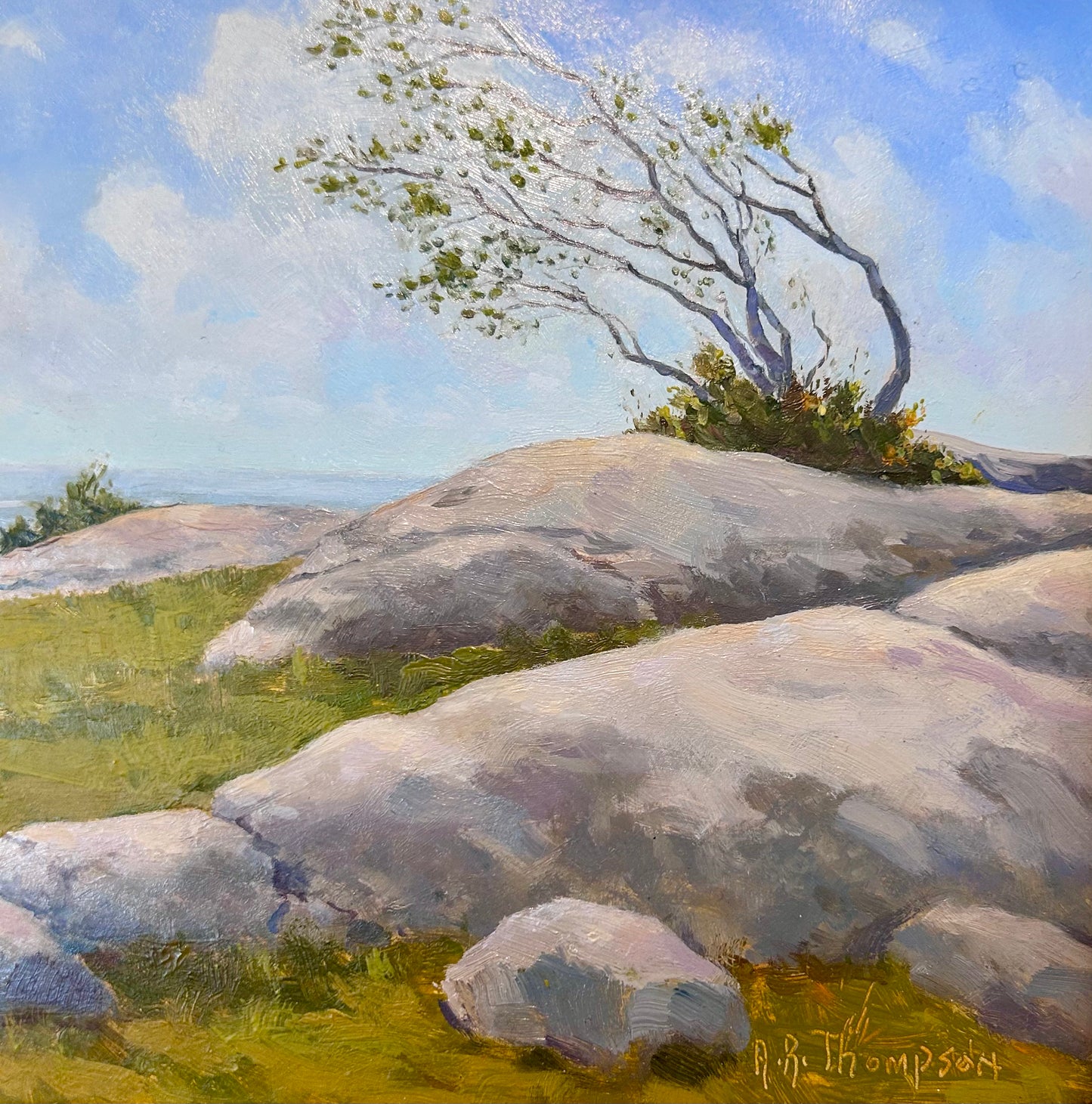 Anthony R. Thompson Windswept Coastal Landscape Oil Painting in Gold Frame