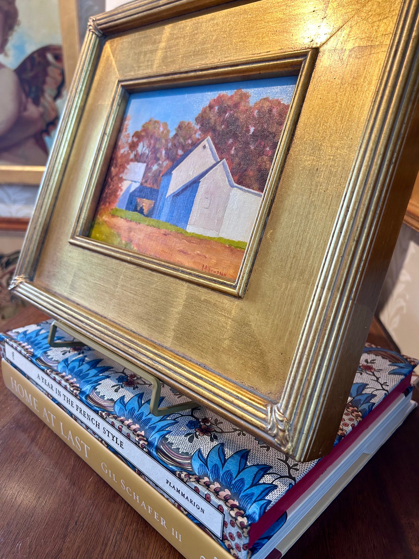 Anthony R. Thompson Late October White Barn Landscape Oil Painting in Gold Frame
