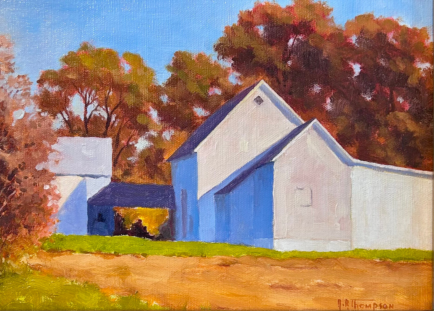 Anthony R. Thompson Late October White Barn Landscape Oil Painting in Gold Frame