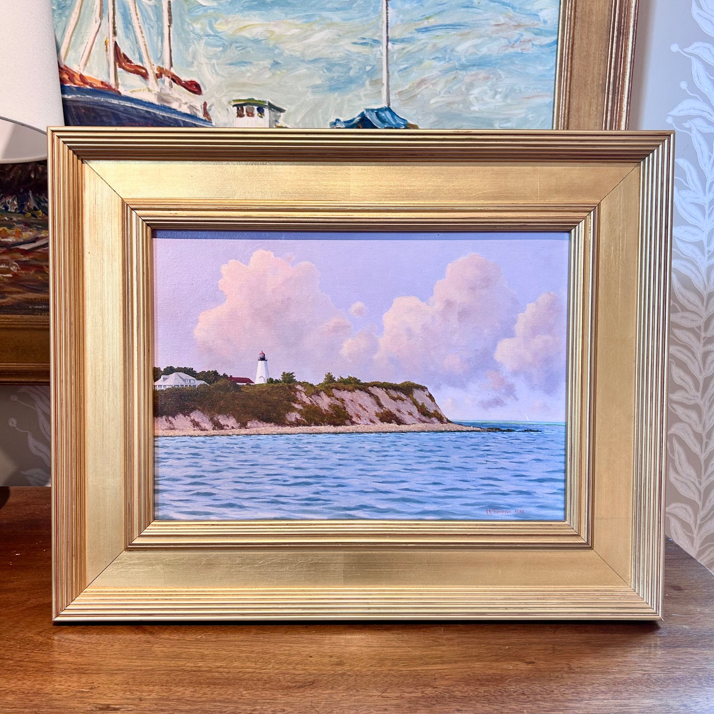 Anthony R. Thompson Passing Gurnet Point Plymouth MA Coastal Lighthouse Landscape Oil Painting in Gold Frame