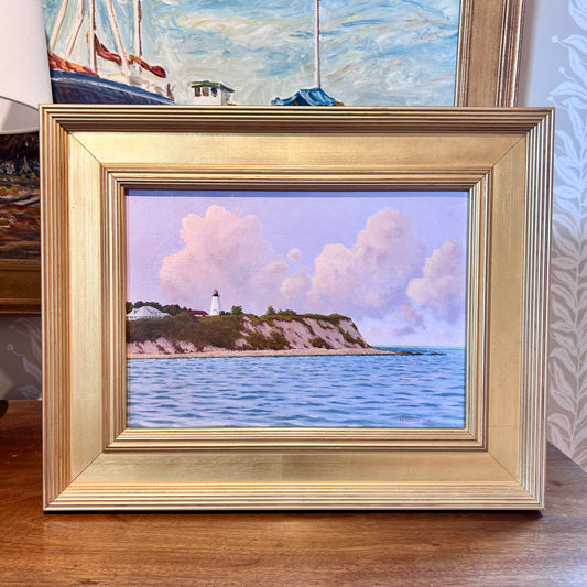 Anthony R. Thompson Passing Gurnet Point Plymouth MA Coastal Lighthouse Landscape Oil Painting in Gold Frame