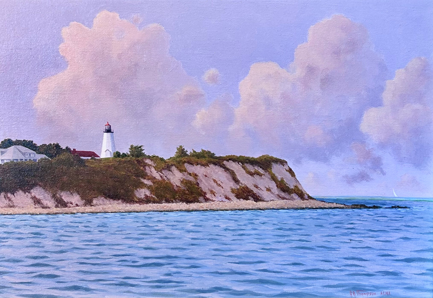 Anthony R. Thompson Passing Gurnet Point Plymouth MA Coastal Lighthouse Landscape Oil Painting in Gold Frame