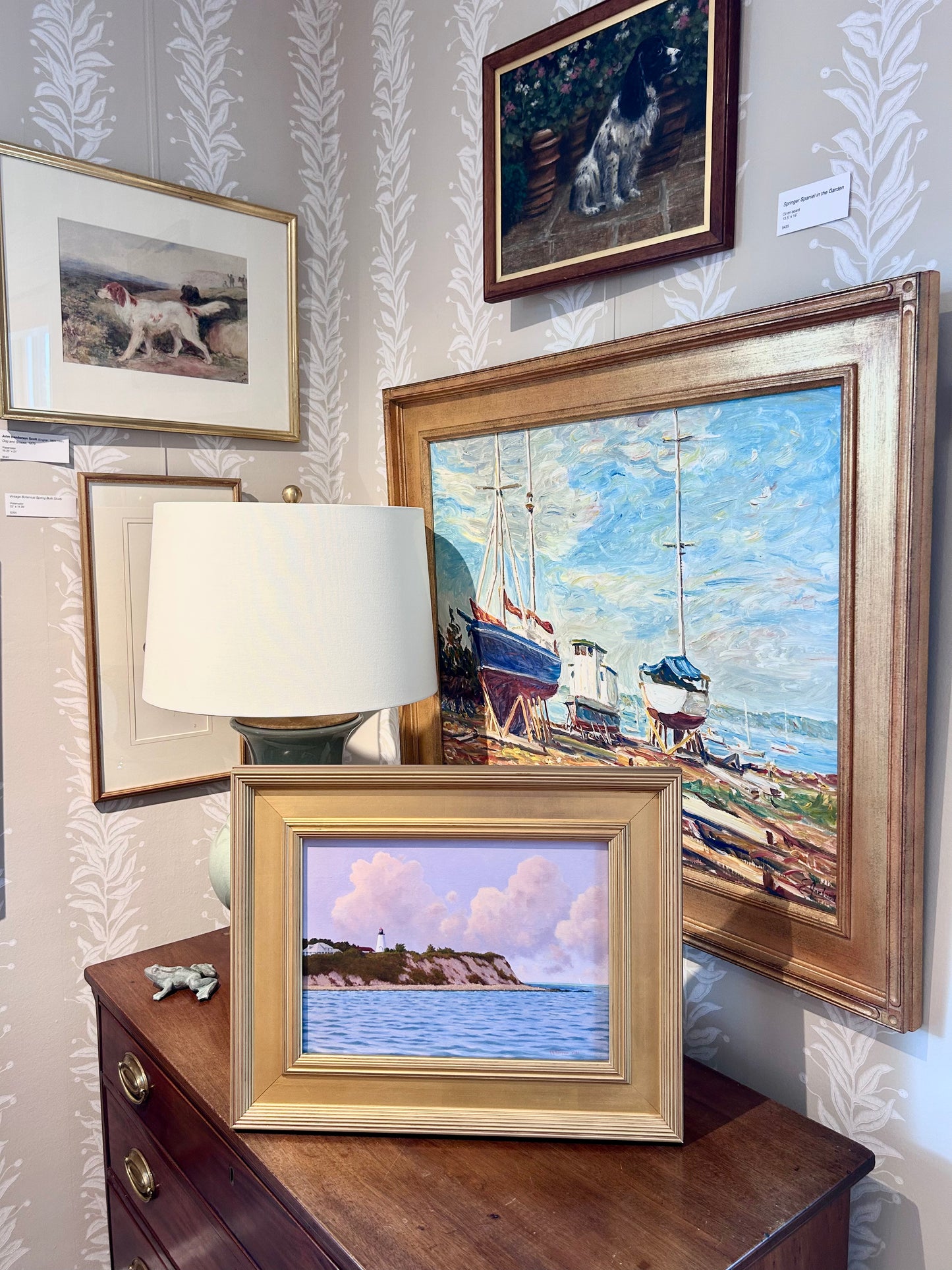 Anthony R. Thompson Passing Gurnet Point Plymouth MA Coastal Lighthouse Landscape Oil Painting in Gold Frame