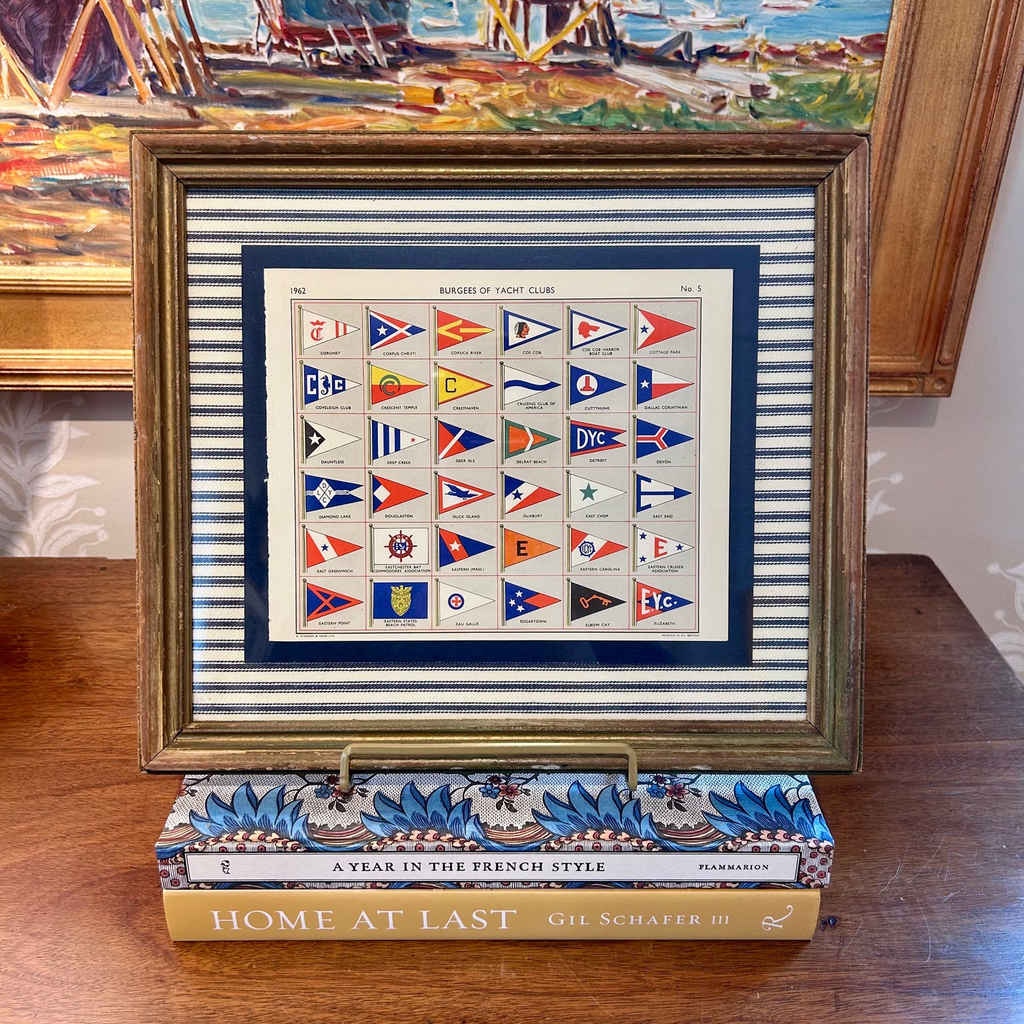 1962 Private Signals of Yachtsmen Flags on Navy Ticking Stripe in Gold Frame