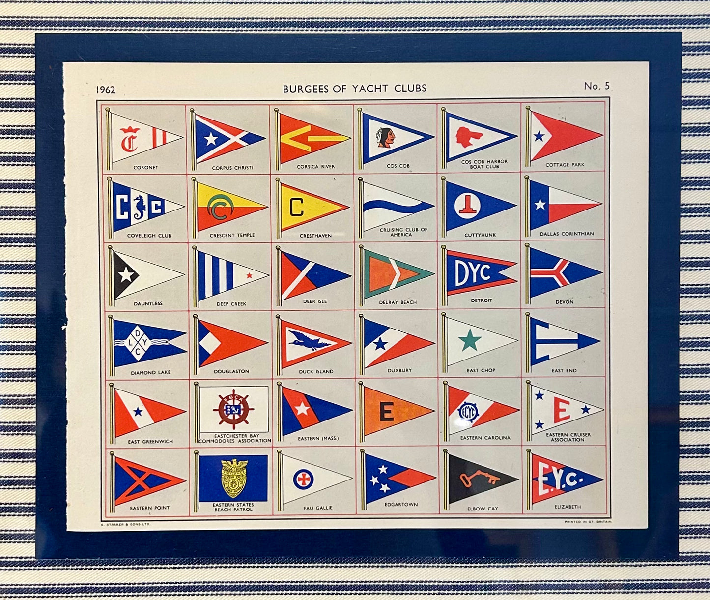 1962 Private Signals of Yachtsmen Flags on Navy Ticking Stripe in Gold Frame