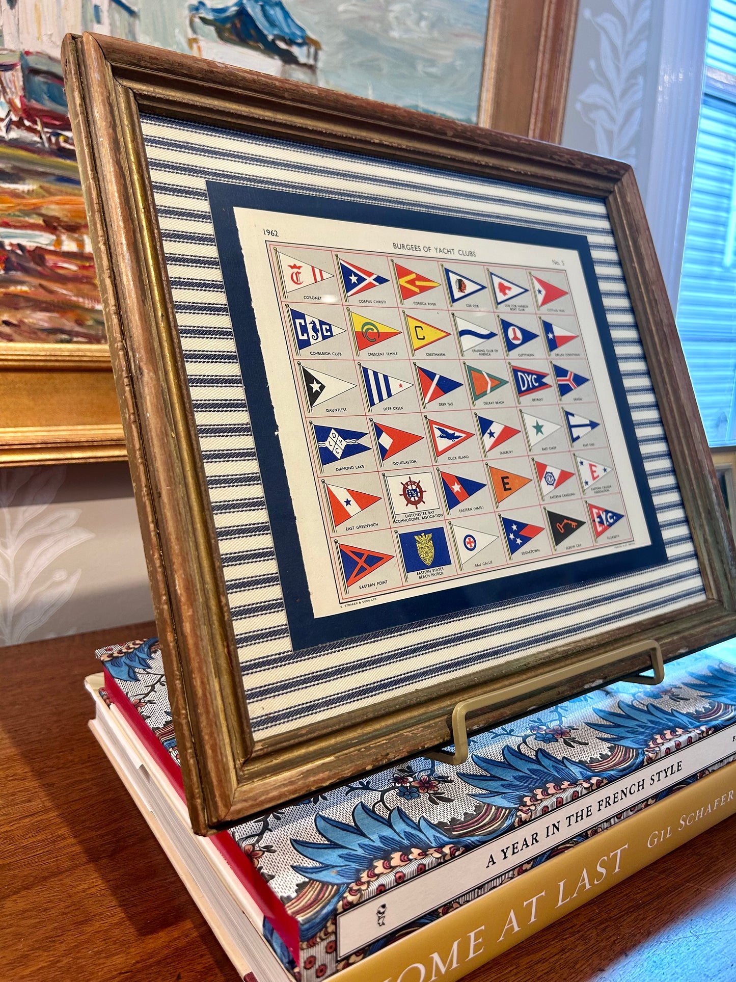 1962 Private Signals of Yachtsmen Flags on Navy Ticking Stripe in Gold Frame