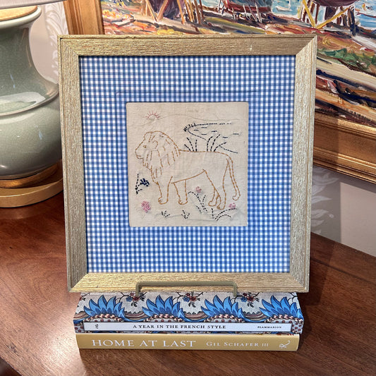 Early 20th Lion Embroidery on Blue Gingham in Gold Frame