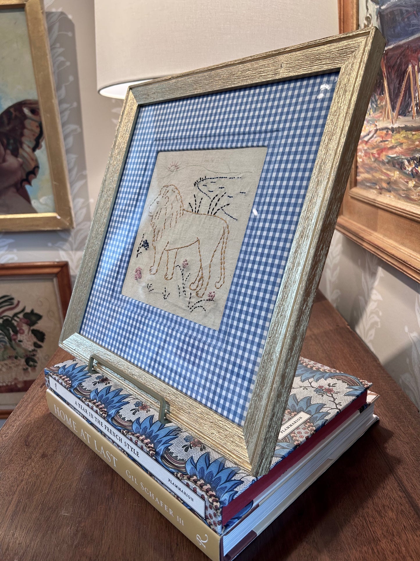 Early 20th Lion Embroidery on Blue Gingham in Gold Frame