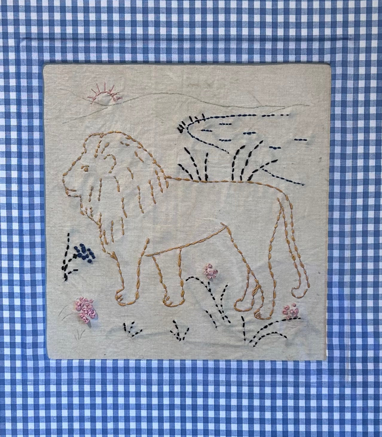Early 20th Lion Embroidery on Blue Gingham in Gold Frame