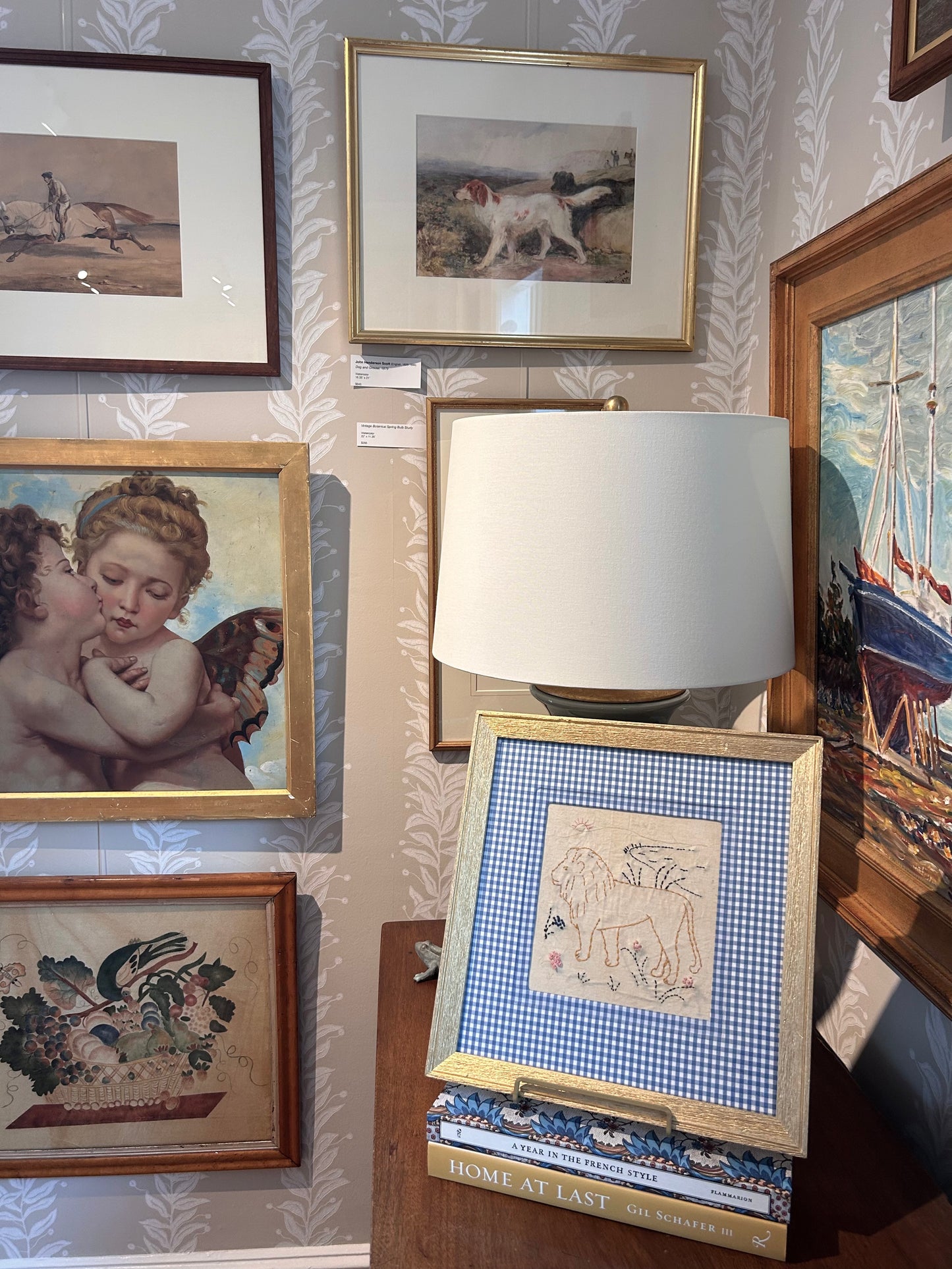 Early 20th Lion Embroidery on Blue Gingham in Gold Frame
