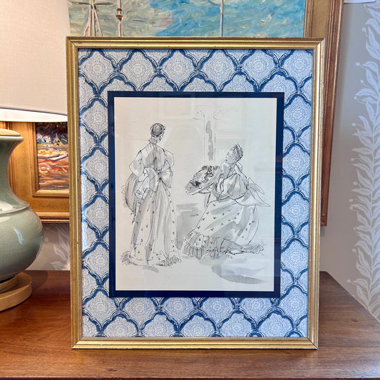Catherine Figart Vogue Watercolor Fashion Illustration on Blue Kravet Trellis Fabric in Gold Frame