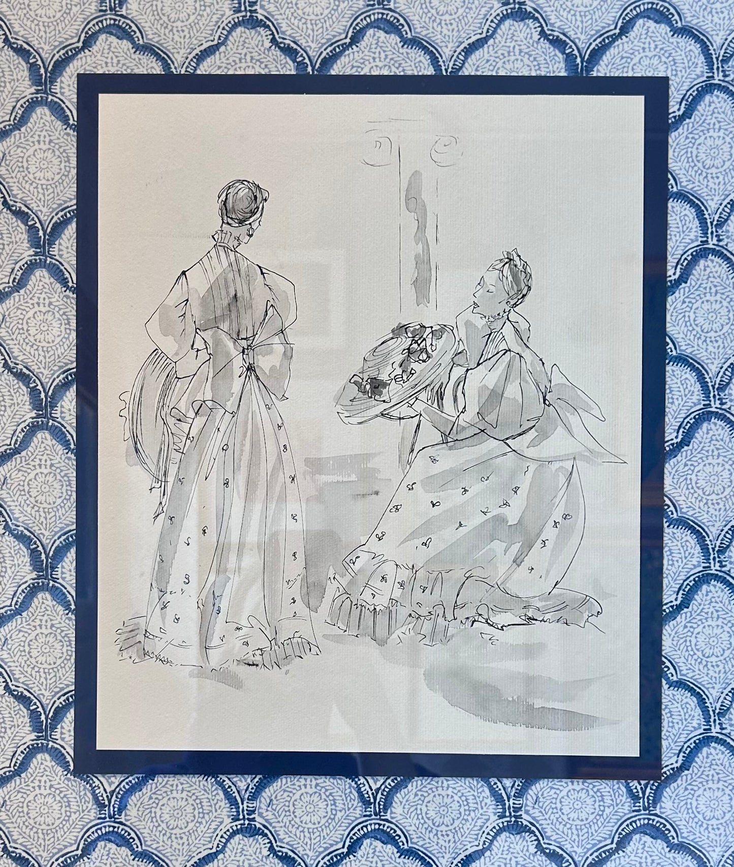 Catherine Figart Vogue Watercolor Fashion Illustration on Blue Kravet Trellis Fabric in Gold Frame
