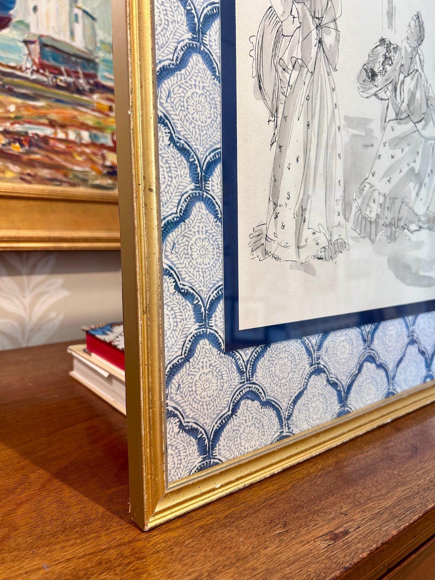 Catherine Figart Vogue Watercolor Fashion Illustration on Blue Kravet Trellis Fabric in Gold Frame