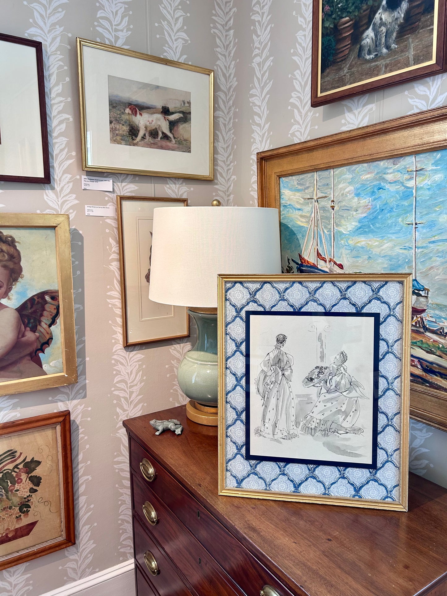 Catherine Figart Vogue Watercolor Fashion Illustration on Blue Kravet Trellis Fabric in Gold Frame