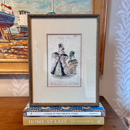 Early 19th c. Hand Colored Modes de Paris French Fashion Engraving in Vintage Gold Berries Frame