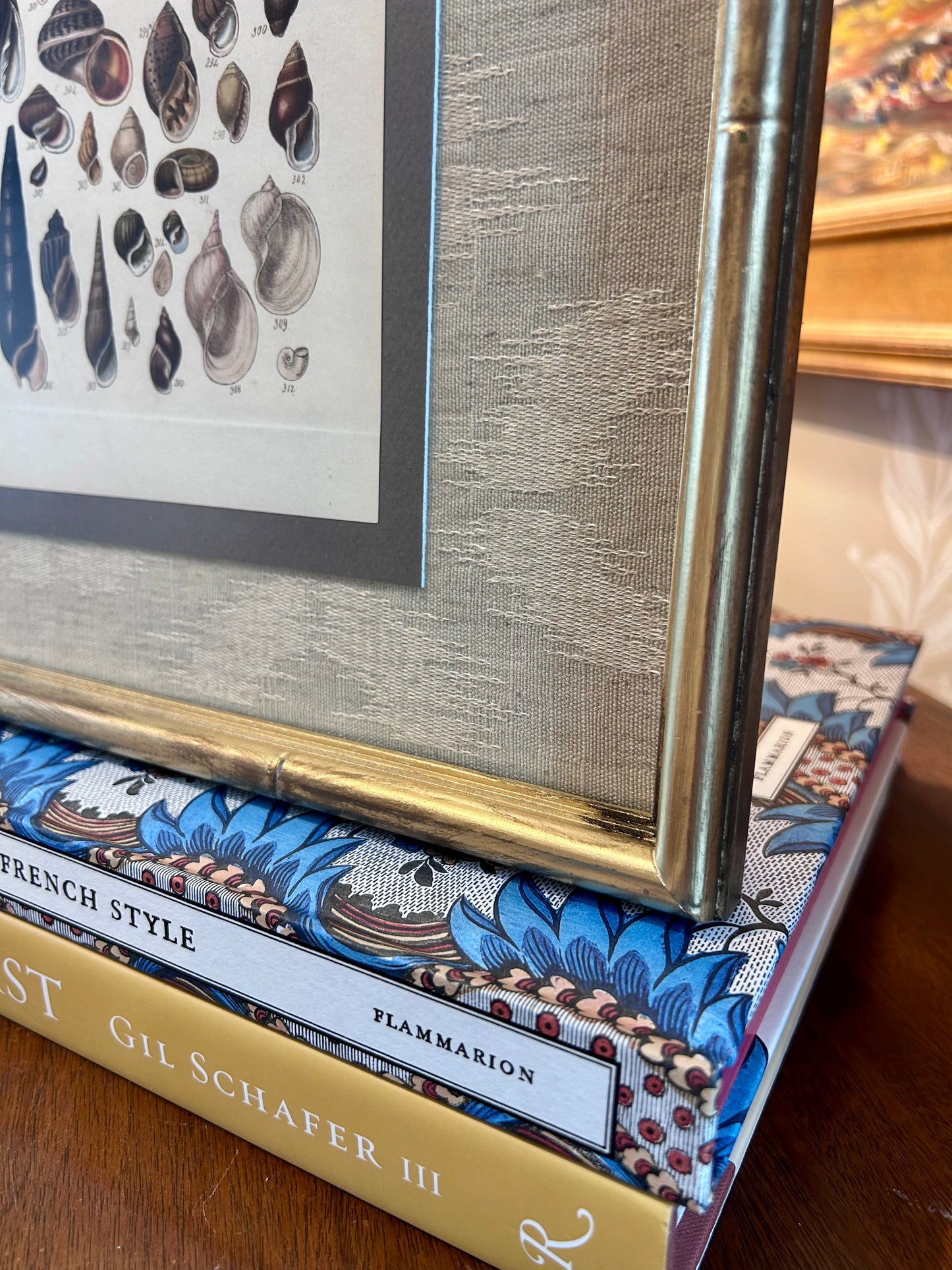 Pair of 19th Century Seashell Lithographs on Taupe Neutral Designer Fabric in Gold Frame