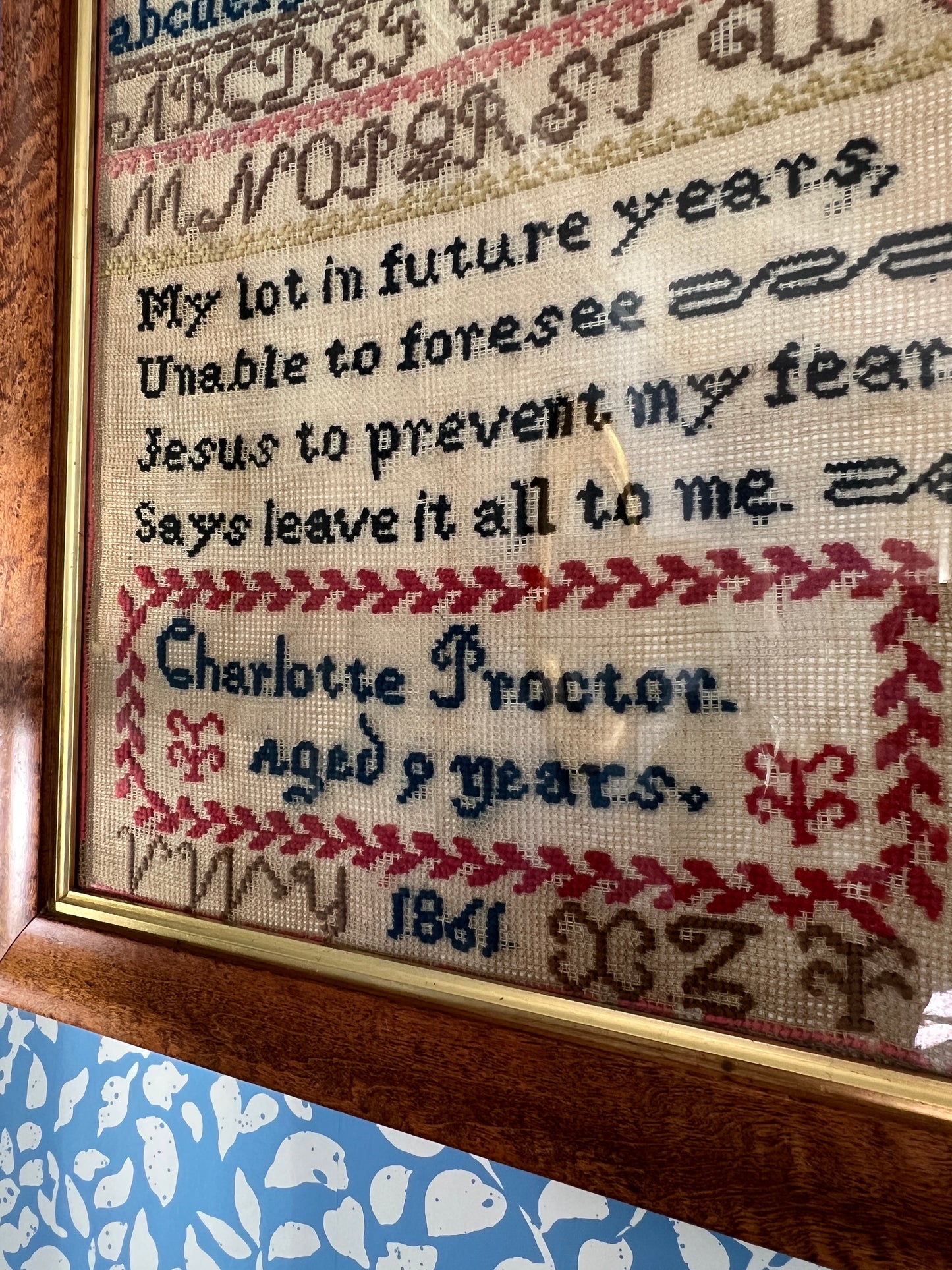 19th Century Wool on Linen Antique Needlepoint Sampler dated 1861