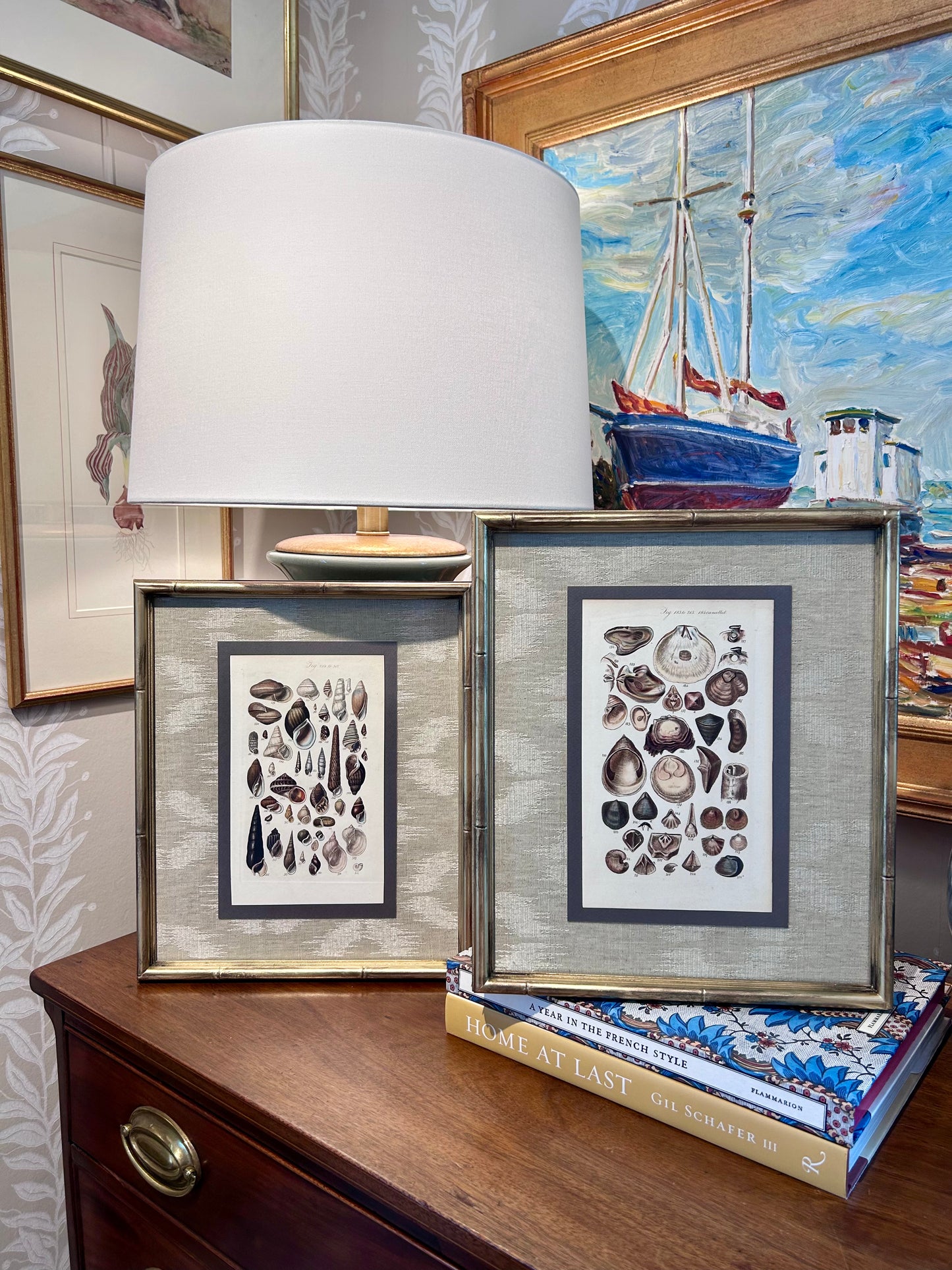 Pair of 19th Century Seashell Lithographs on Taupe Neutral Designer Fabric in Gold Frame