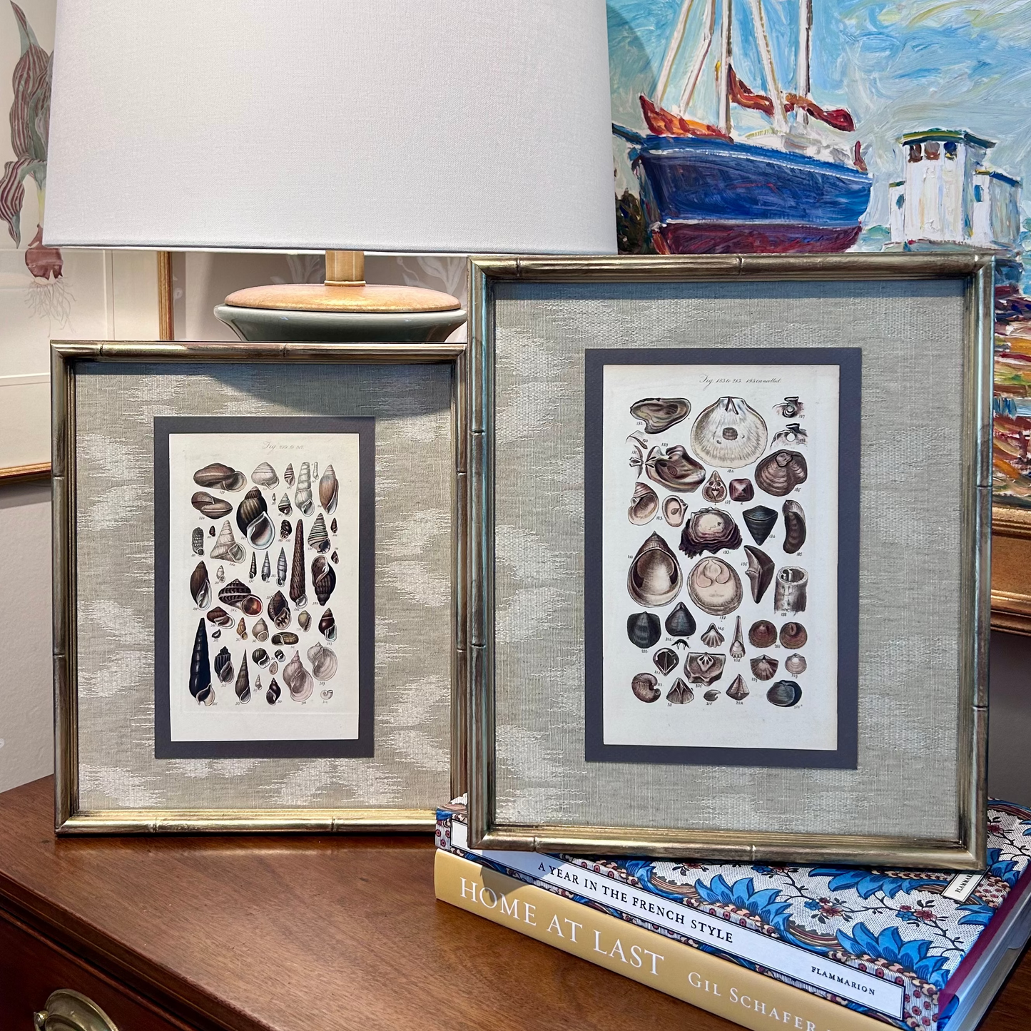 Pair of 19th Century Seashell Lithographs on Taupe Neutral Designer Fabric in Gold Frame