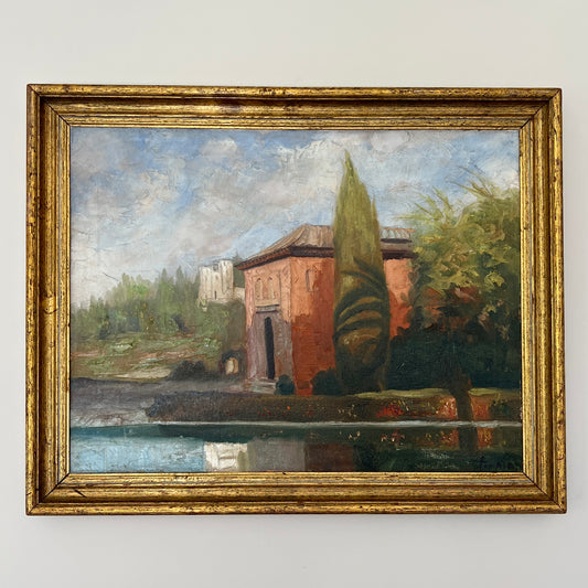 Early 20th Century Landscape with Terra Cotta European Villa Oil Painting in Gold Frame