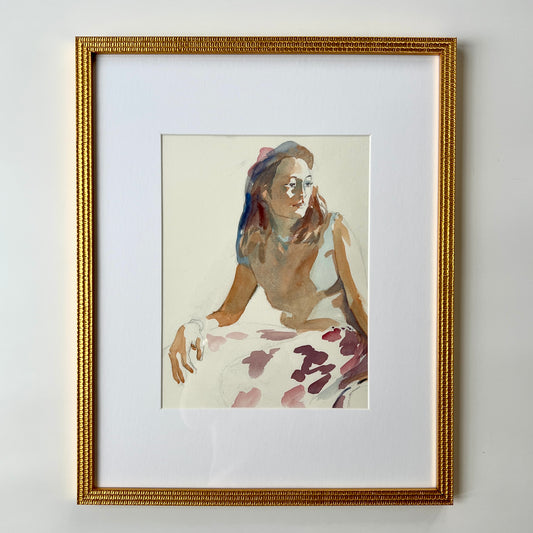 Vintage Female Portrait Watercolor Painting in Gold Frame