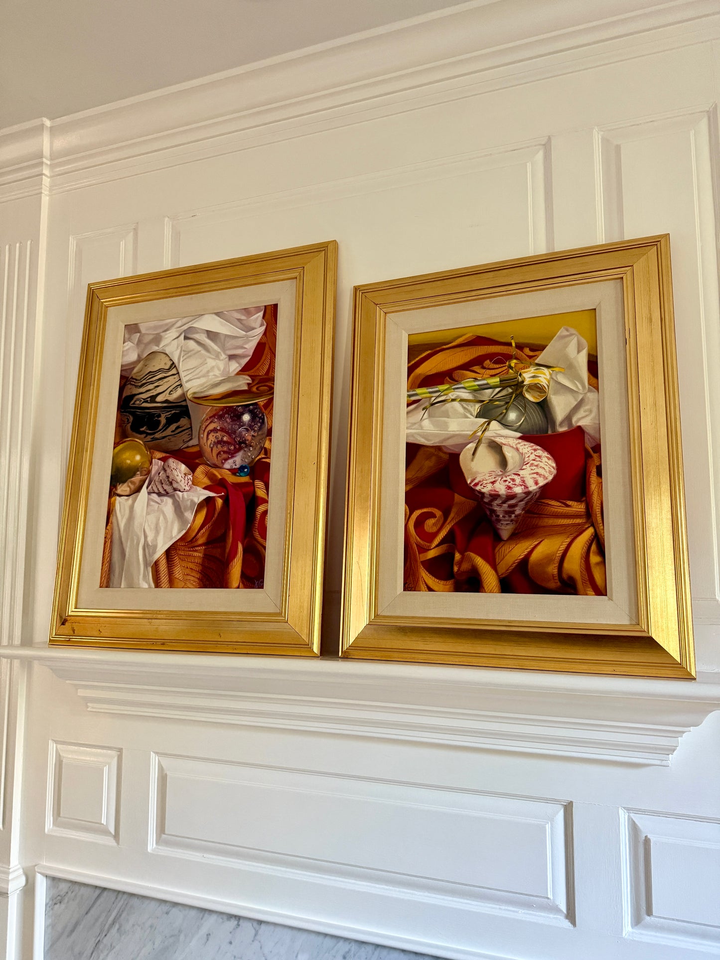 Judith Goldsmith The Planets Conch Shell Silk Scarf Hyper-Realist Still Life Oil Painting in Gold Frame