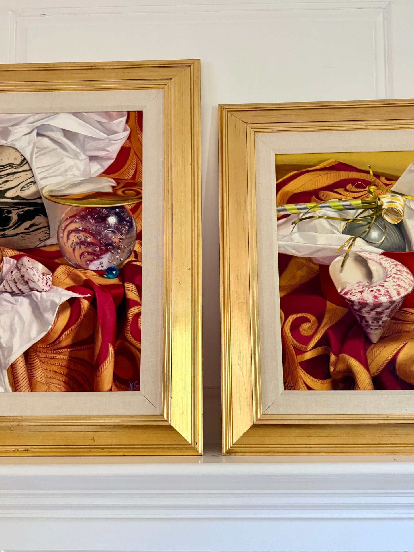 Judith Goldsmith The Planets Conch Shell Silk Scarf Hyper-Realist Still Life Oil Painting in Gold Frame