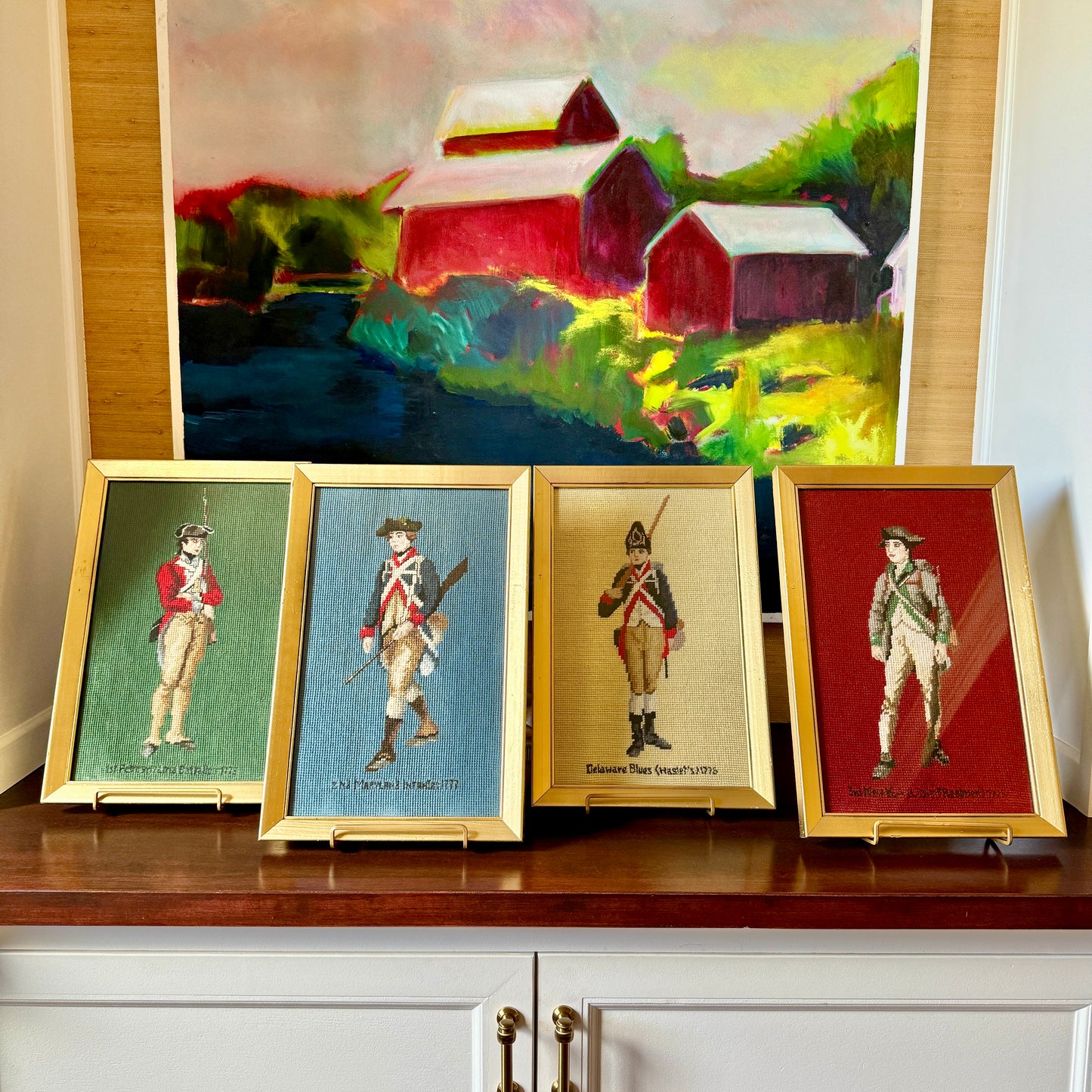 Set of Four Vintage Revolutionary War American Soldier Needlepoint Portraits in Gold Frames