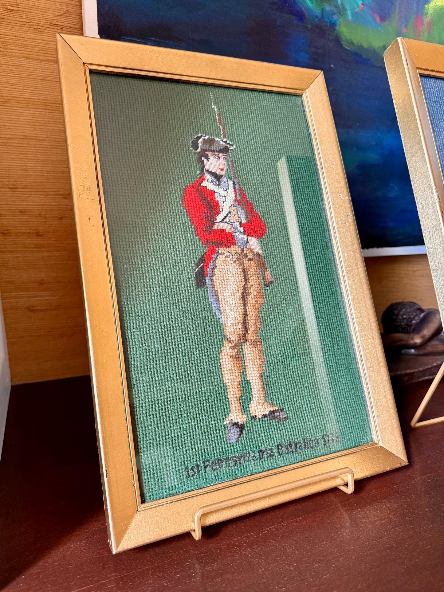 Set of Four Vintage Revolutionary War American Soldier Needlepoint Portraits in Gold Frames