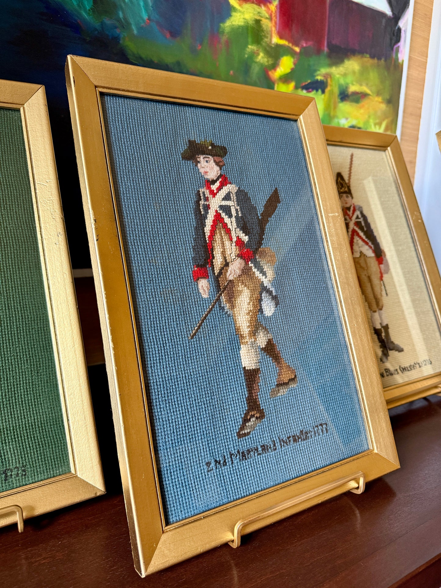 Set of Four Vintage Revolutionary War American Soldier Needlepoint Portraits in Gold Frames