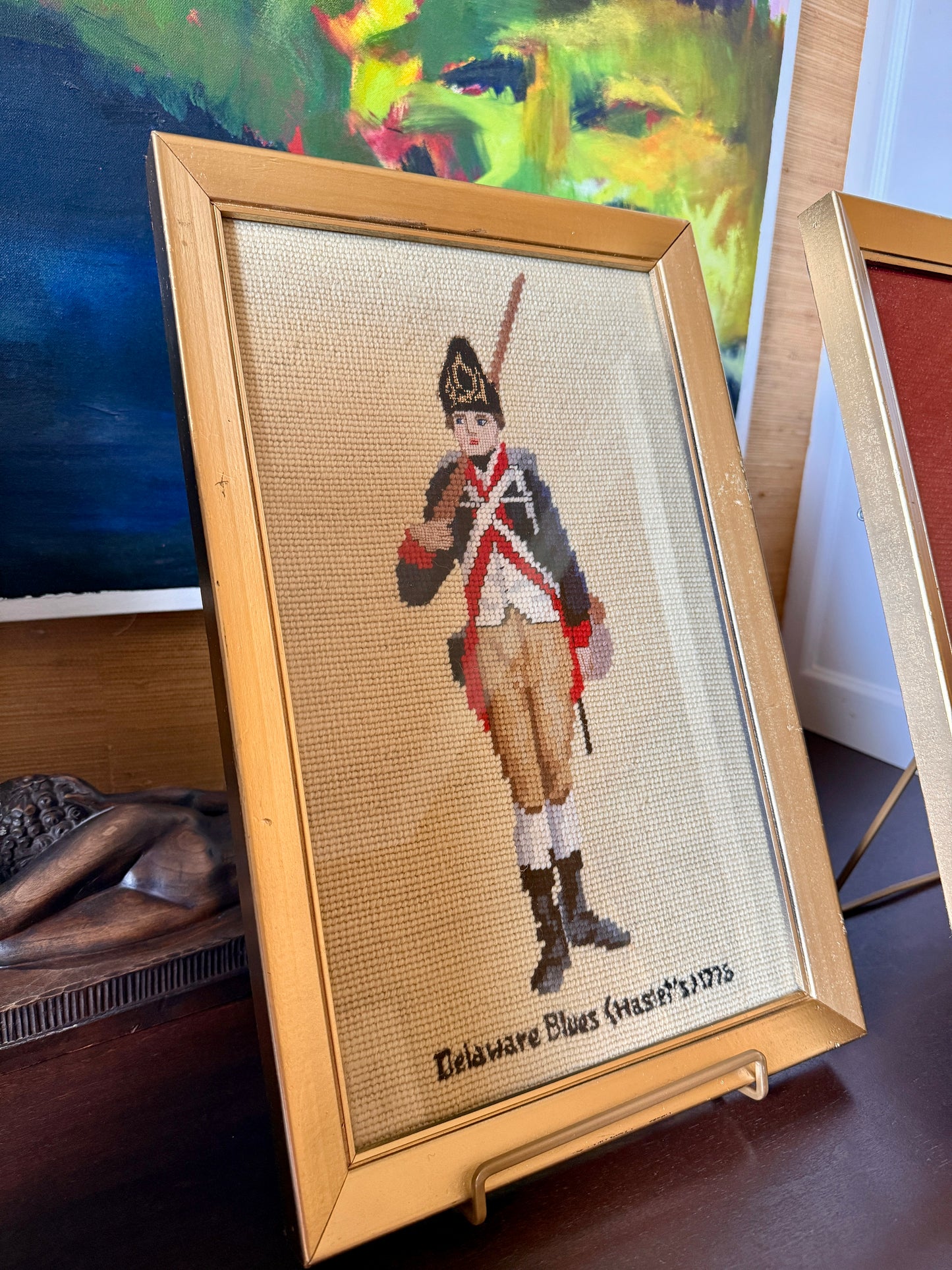 Set of Four Vintage Revolutionary War American Soldier Needlepoint Portraits in Gold Frames