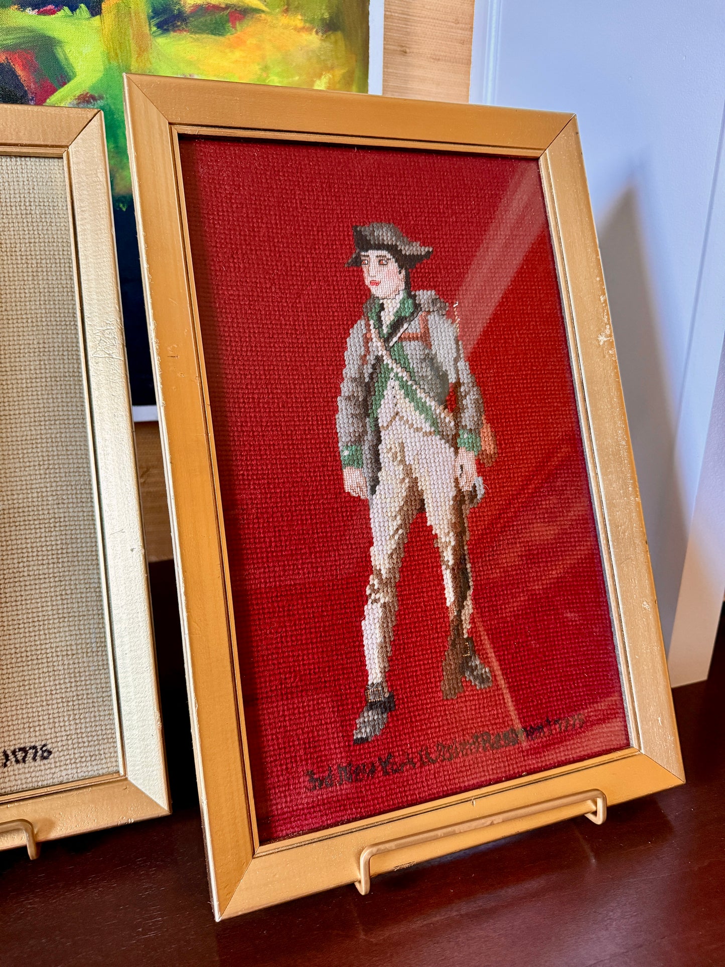 Set of Four Vintage Revolutionary War American Soldier Needlepoint Portraits in Gold Frames