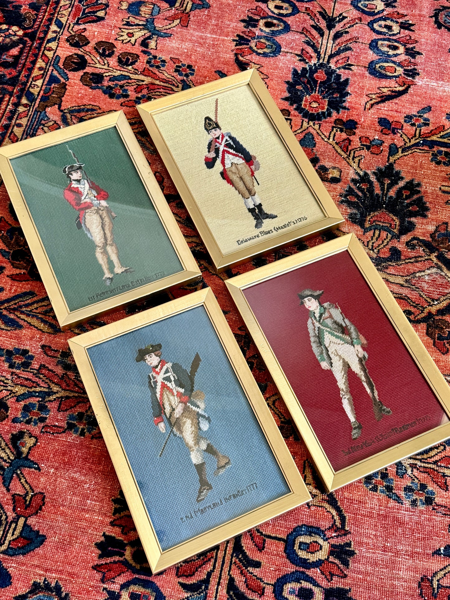 Set of Four Vintage Revolutionary War American Soldier Needlepoint Portraits in Gold Frames