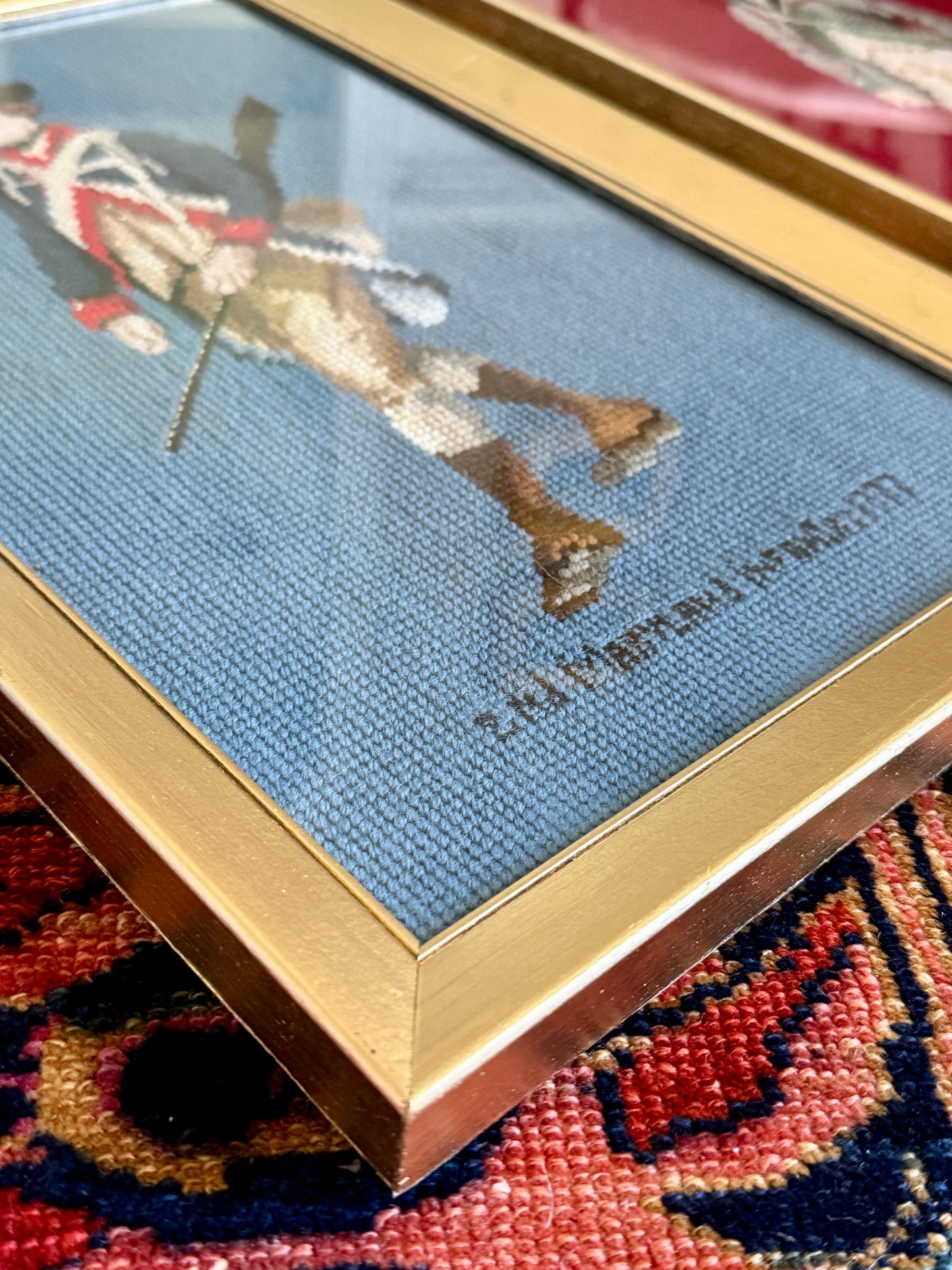 Set of Four Vintage Revolutionary War American Soldier Needlepoint Portraits in Gold Frames