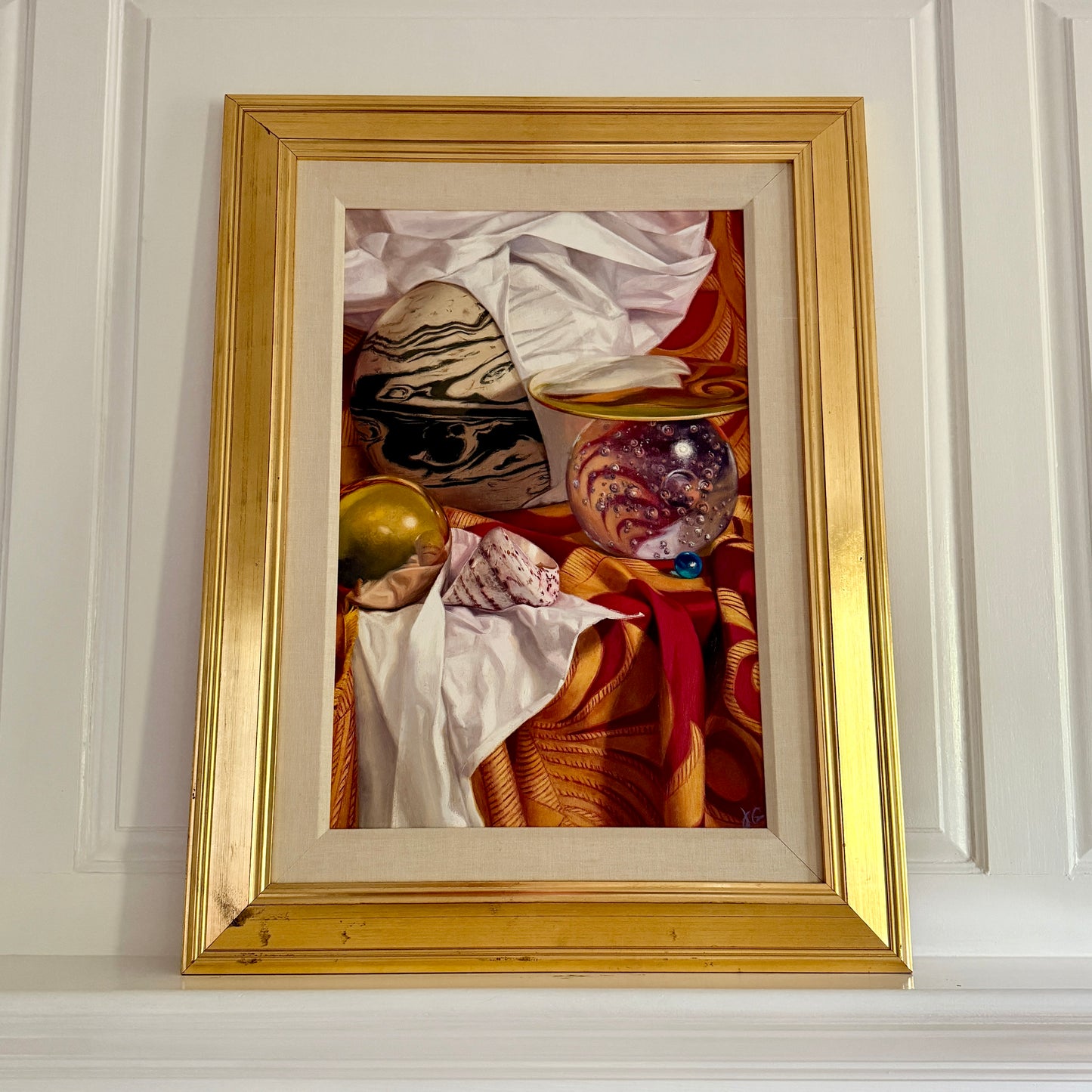 Judith Goldsmith The Planets Conch Shell Silk Scarf Hyper-Realist Still Life Oil Painting in Gold Frame