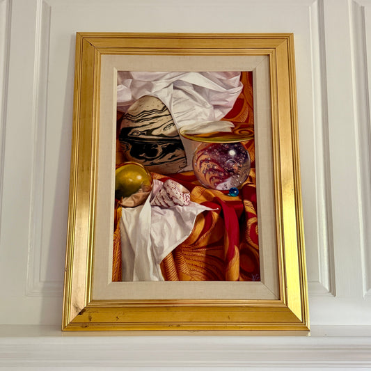 Judith Goldsmith The Planets Conch Shell Silk Scarf Hyper-Realist Still Life Oil Painting in Gold Frame