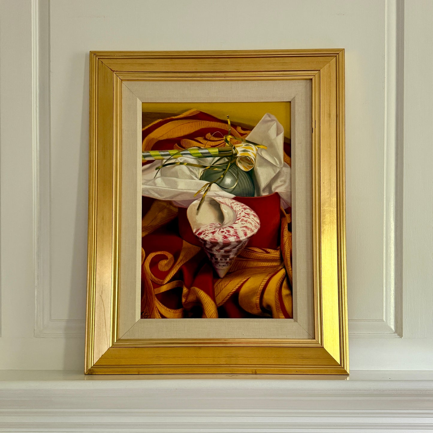 Judith Goldsmith Overture Conch Shell Silk Scarf Hyper-Realist Still Life Oil Painting in Gold Frame