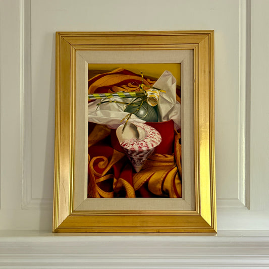 Judith Goldsmith Overture Conch Shell Silk Scarf Hyper-Realist Still Life Oil Painting in Gold Frame
