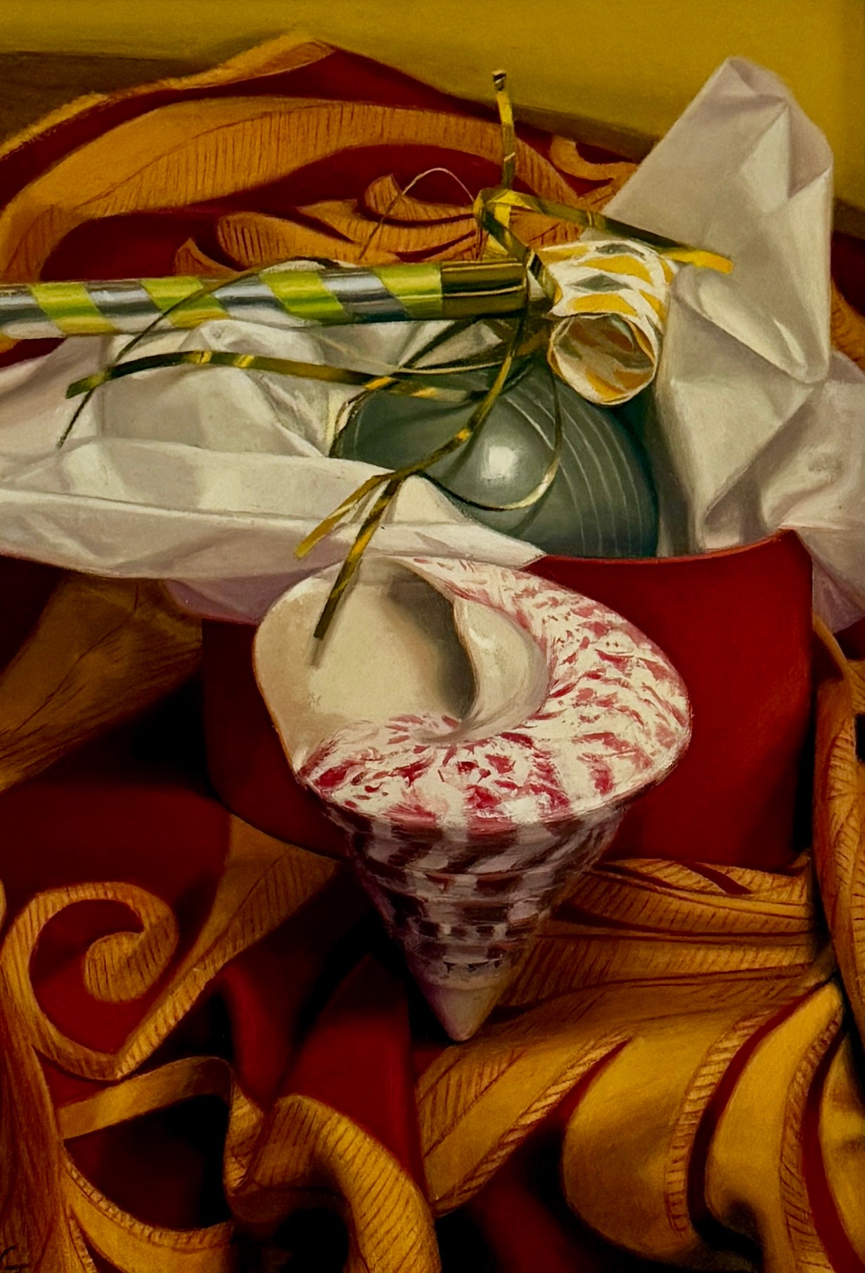 Judith Goldsmith Overture Conch Shell Silk Scarf Hyper-Realist Still Life Oil Painting in Gold Frame