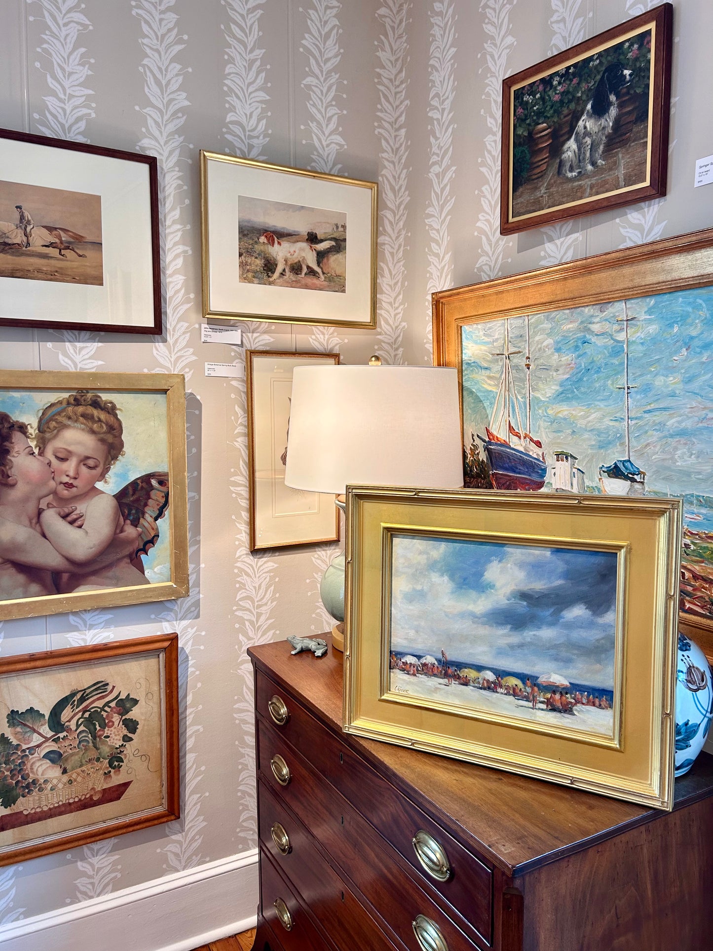 Curtis Rosser Martha's Vineyard Edgartown South Beach Guards Oil Painting in Gold Frame