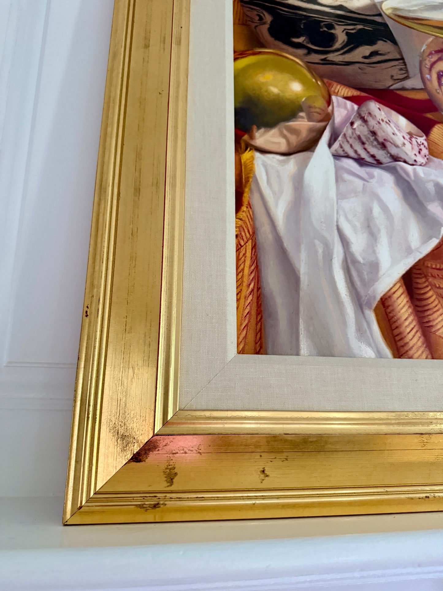 Judith Goldsmith The Planets Conch Shell Silk Scarf Hyper-Realist Still Life Oil Painting in Gold Frame
